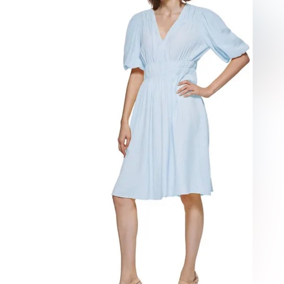CALVIN KLEIN baby blue smocked poof sleeve womens Gauze dress - Picture 1 of 12